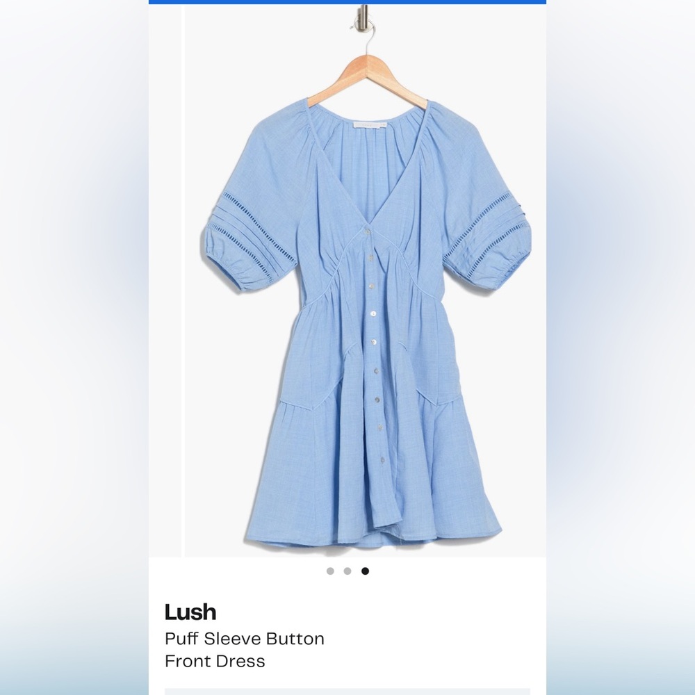Lush Blue Puff Sleeve V-Neck Mini Sundress